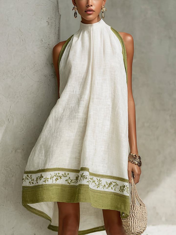 Abito Mini A-Line Senza Maniche Bianco e Verde Oliva con Fiori