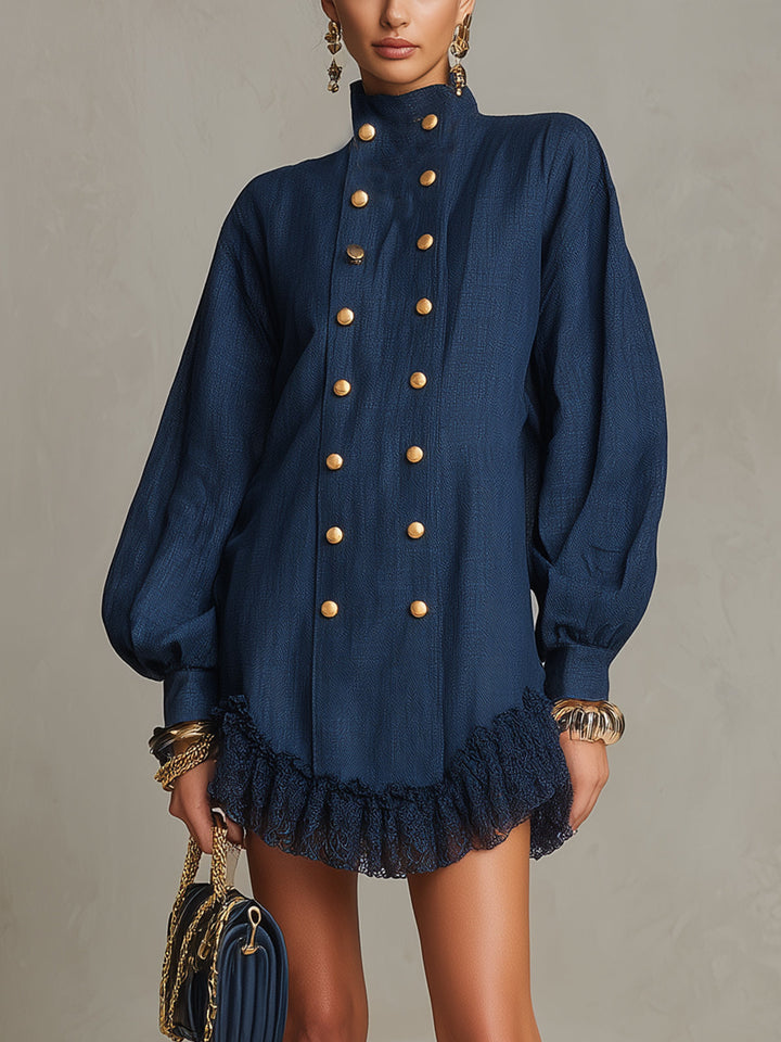 Abito Mini a Collo Alto Blu Navy con Bottoni e Rouches