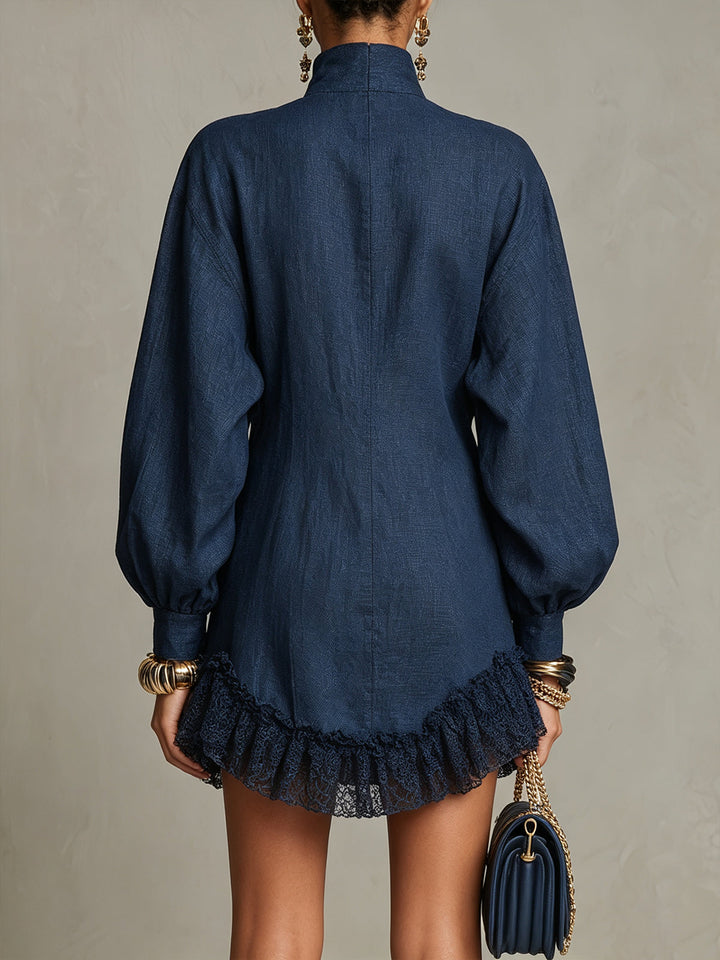 Abito Mini a Collo Alto Blu Navy con Bottoni e Rouches