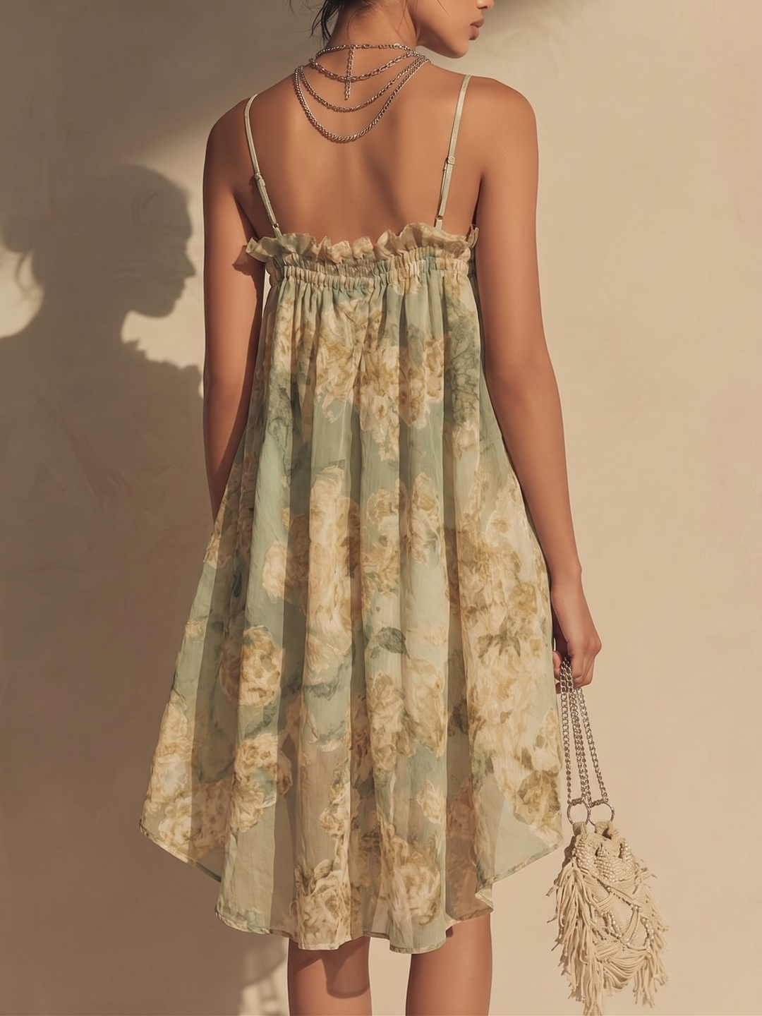 Vestito Irregolare in Chiffon Verde a Fiori con Rouches