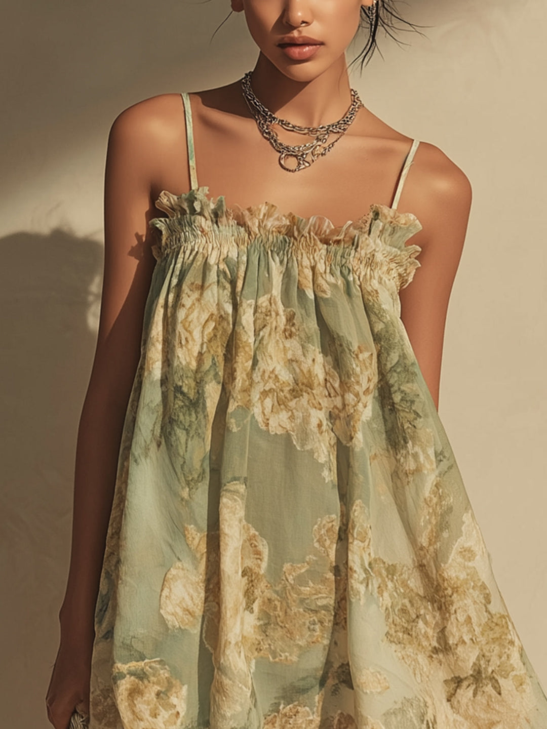 Vestito Irregolare in Chiffon Verde a Fiori con Rouches