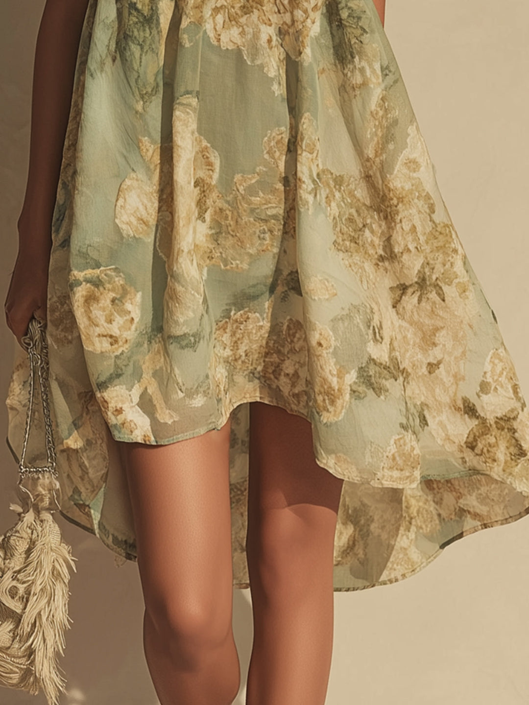 Vestito Irregolare in Chiffon Verde a Fiori con Rouches