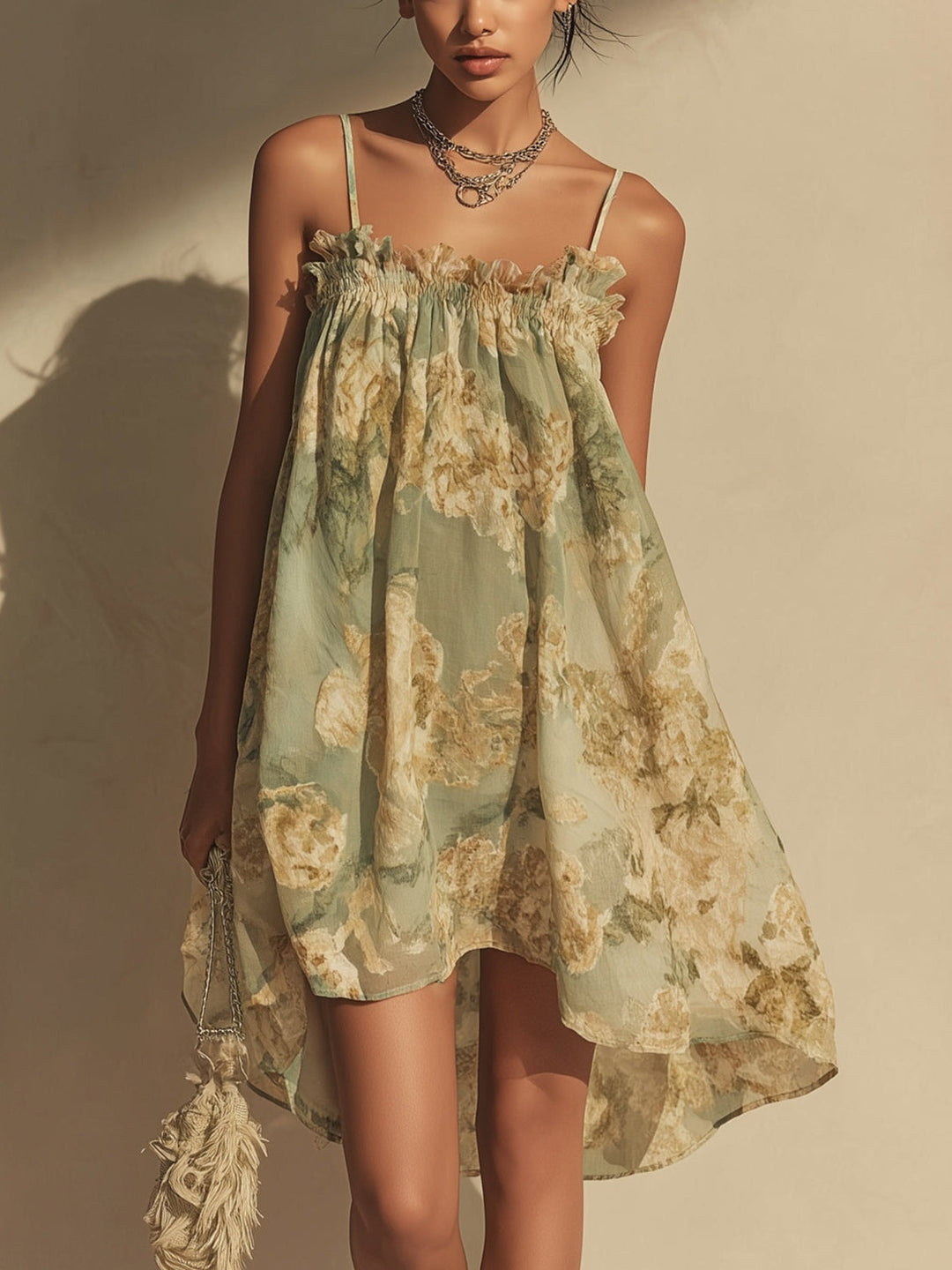 Vestito Irregolare in Chiffon Verde a Fiori con Rouches