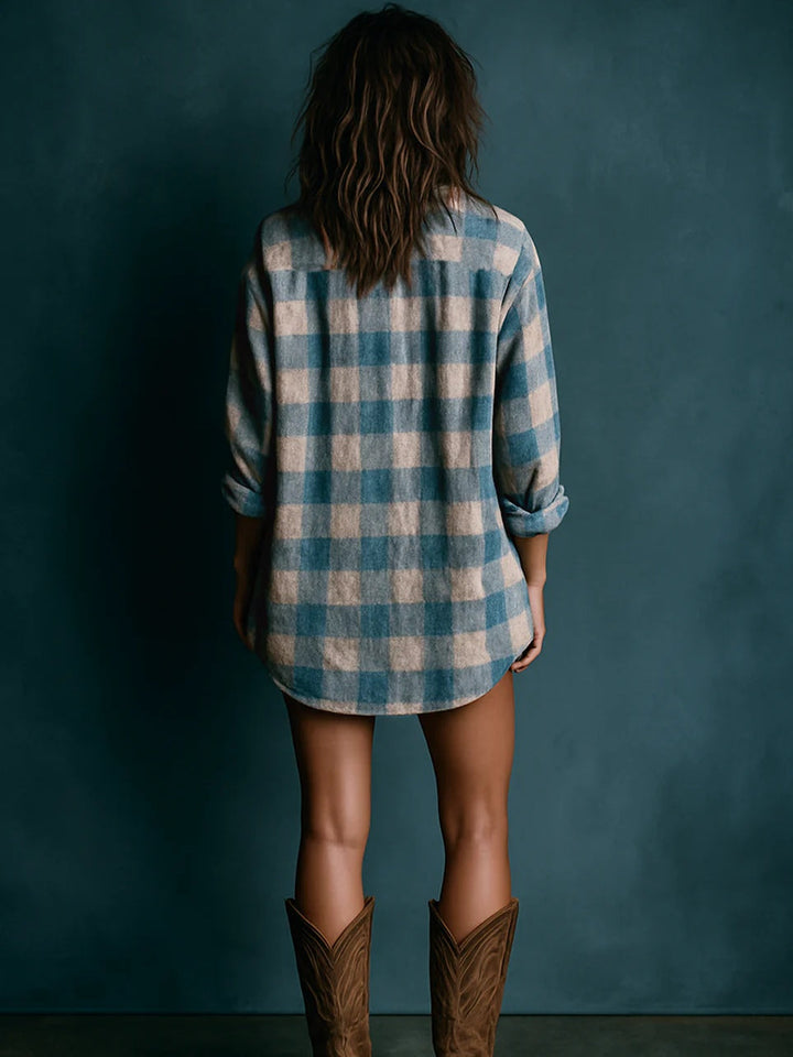 Abito Mini a Maniche Lunghe con Collo Henley a Quadri Blu e Bianchi