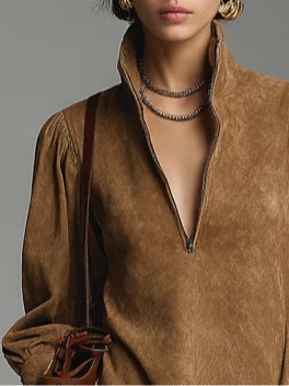 Abito Mini in Suede Marrone con Zip e Collo Alto