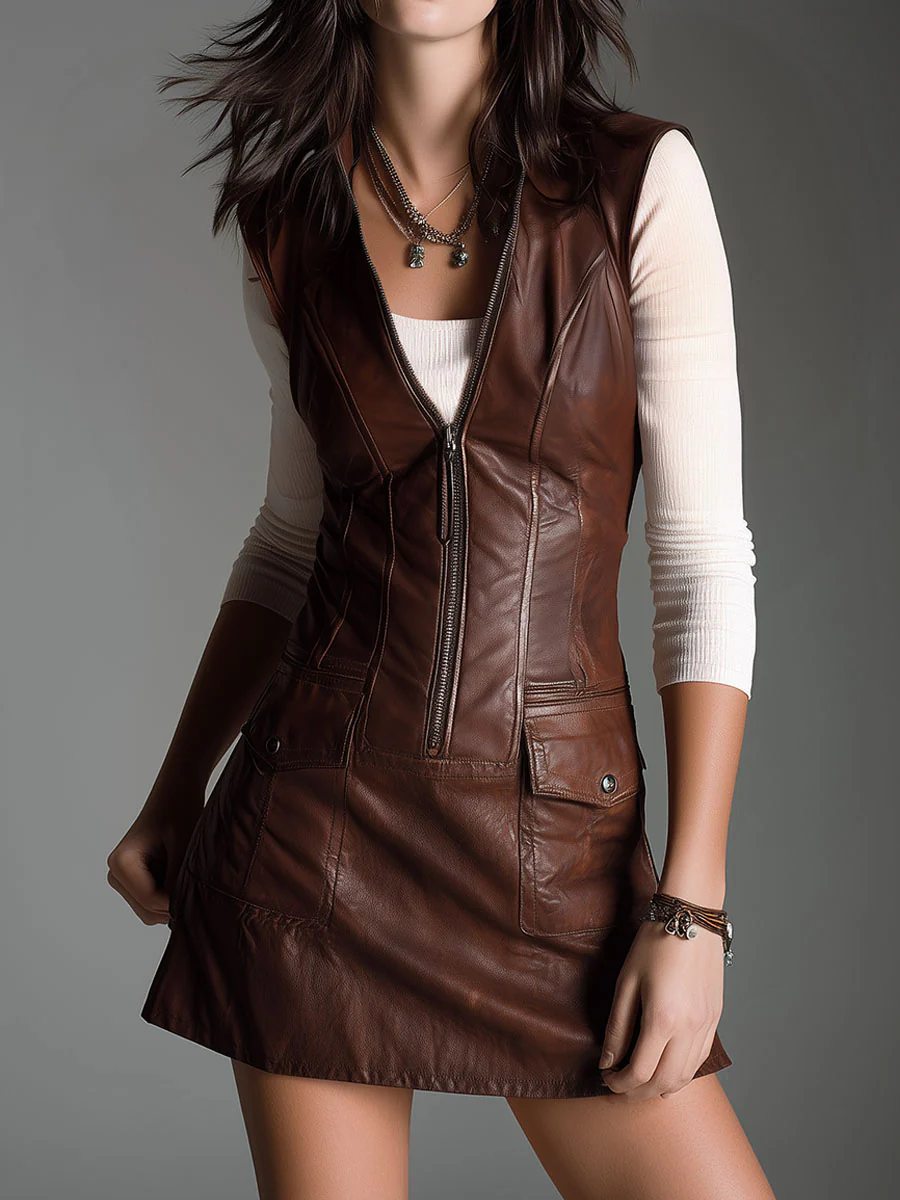 Abito Mini Zip-Up in Eco-Pelle Marrone Cioccolato