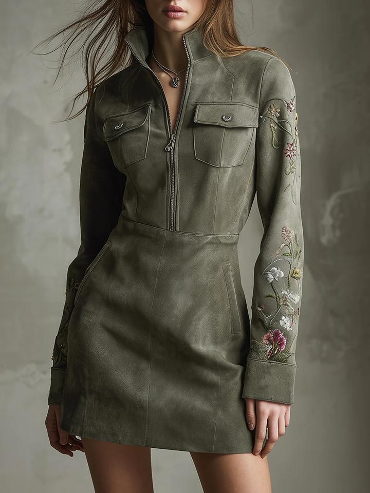 Abito Mini Mezza Zip in Suede Sintetico Ricamato Verde