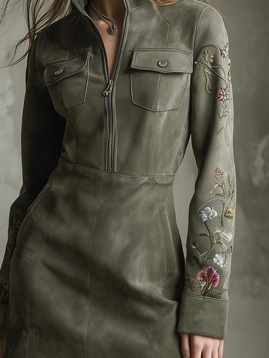 Abito Mini Mezza Zip in Suede Sintetico Ricamato Verde