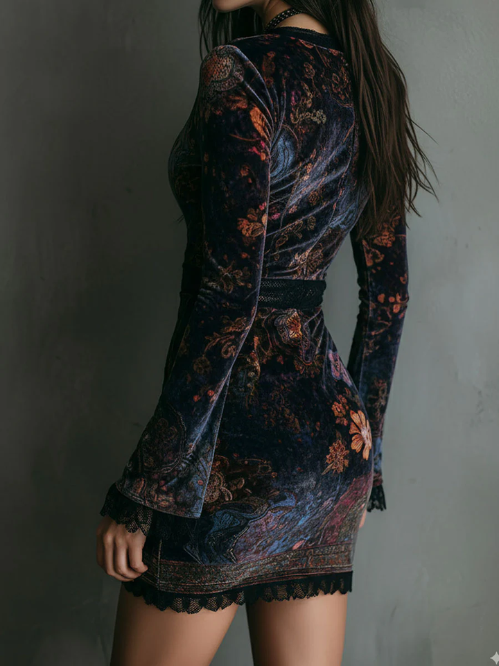 Abito Mini Slim-fit in Velluto con Stampa Floreale e Pizzo