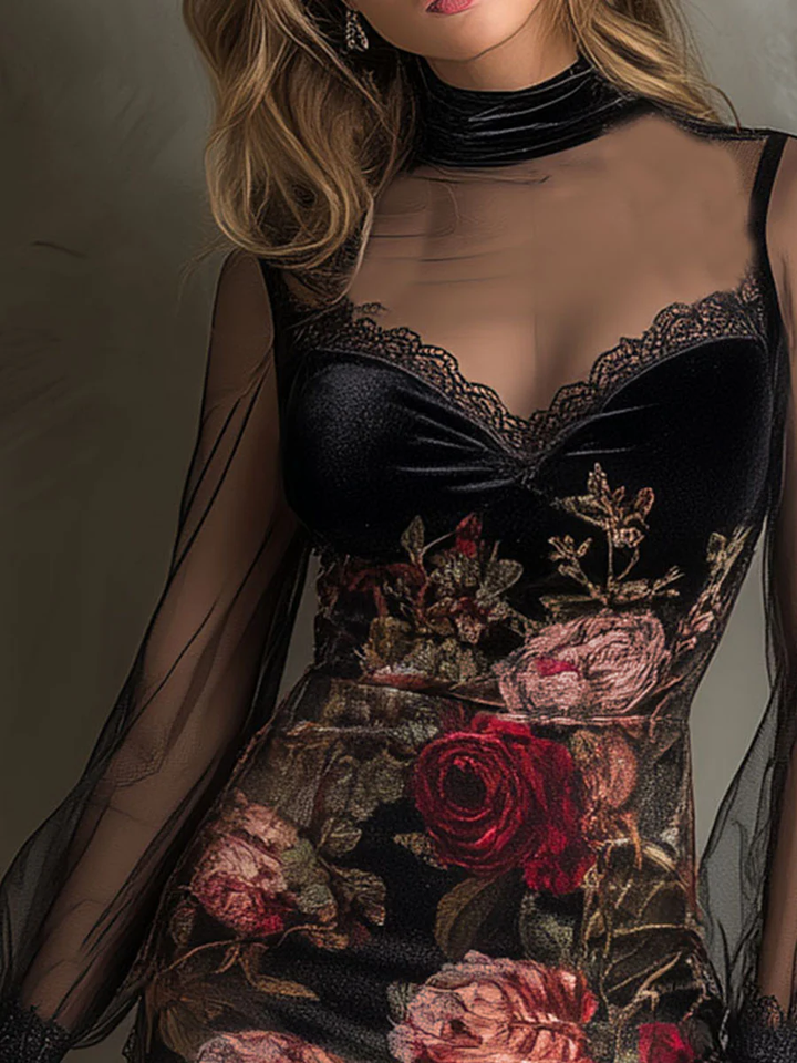 Mini Abito in Tulle con Stampa Rose di Velluto e Bordo in Pizzo