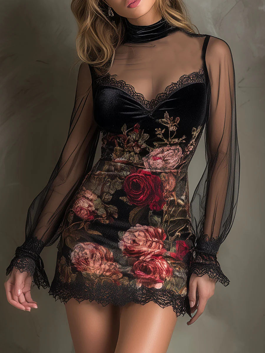 Mini Abito in Tulle con Stampa Rose di Velluto e Bordo in Pizzo