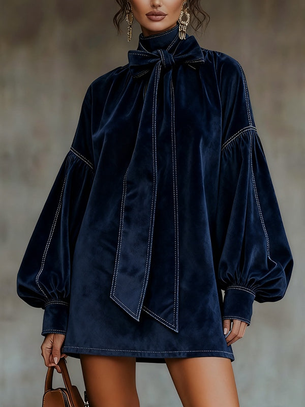 Abito Mini in Velluto Blu Scuro con Maniche a Lanterna