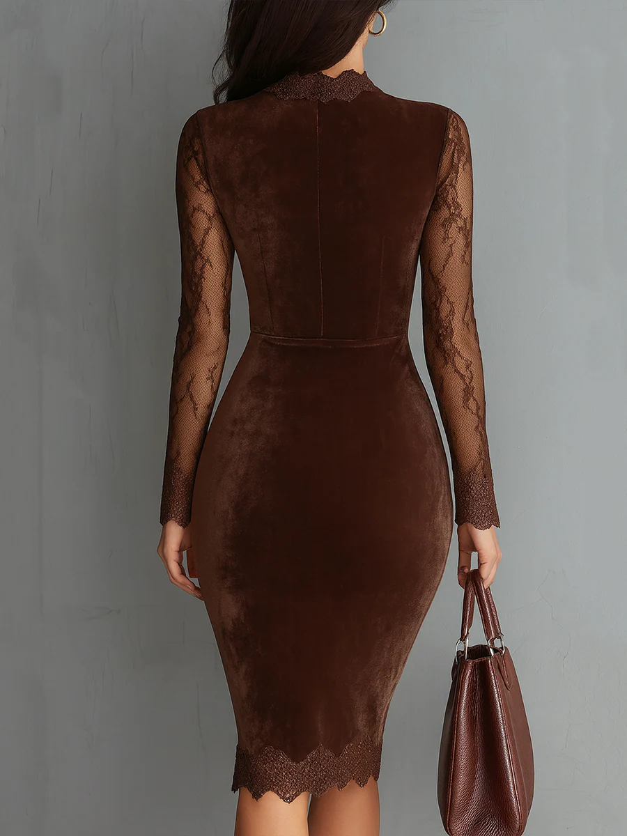 Abito Mini in Velluto con Maniche in Pizzo e Collo a Chiave Vintage Marrone