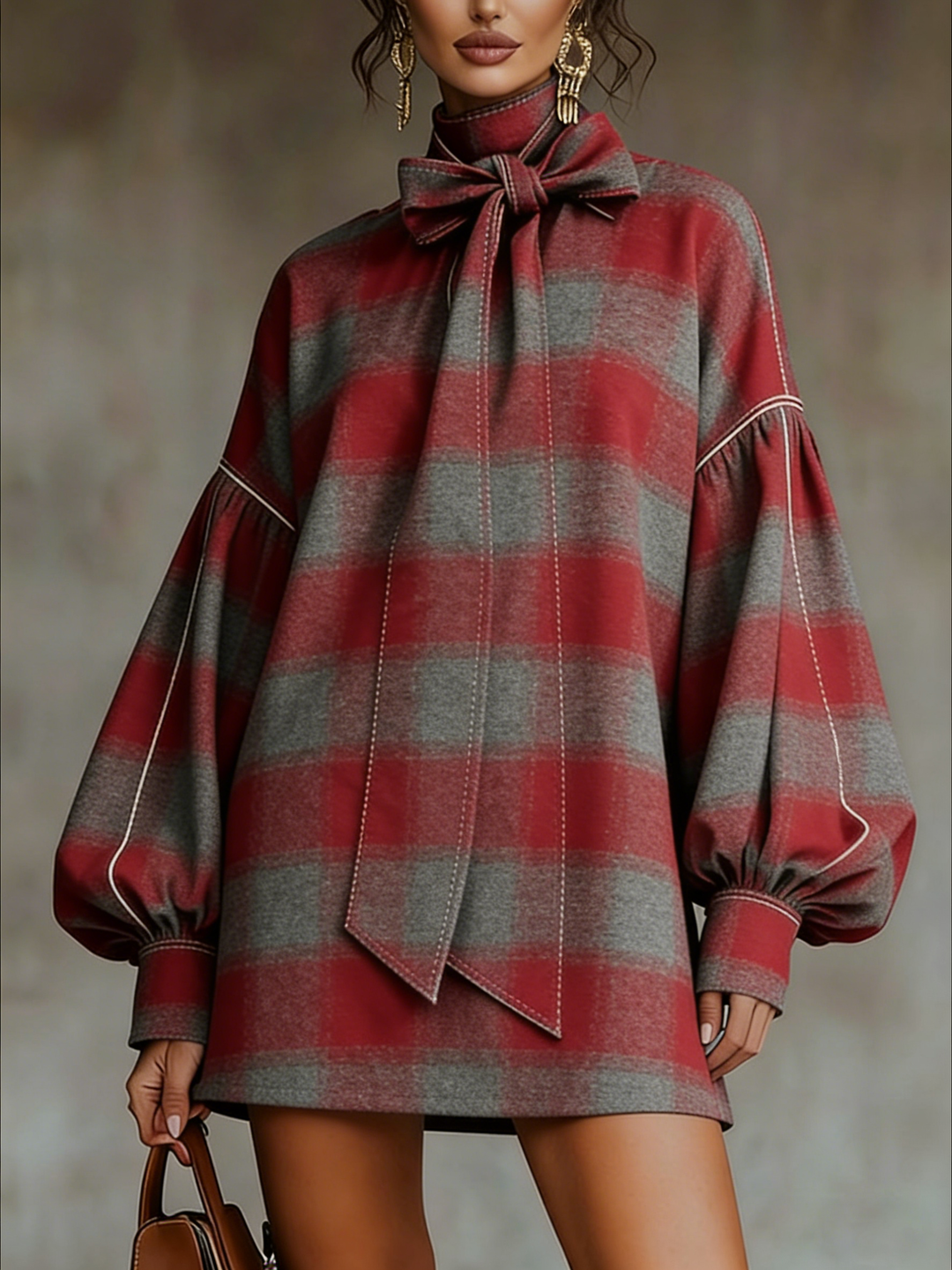 Abito Mini a Maniche Lantern in Plaid Rosso e Grigio