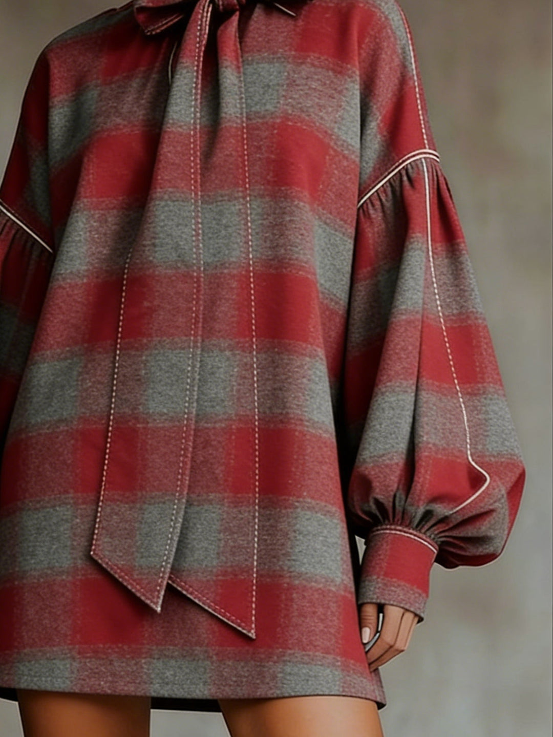 Abito Mini a Maniche Lantern in Plaid Rosso e Grigio
