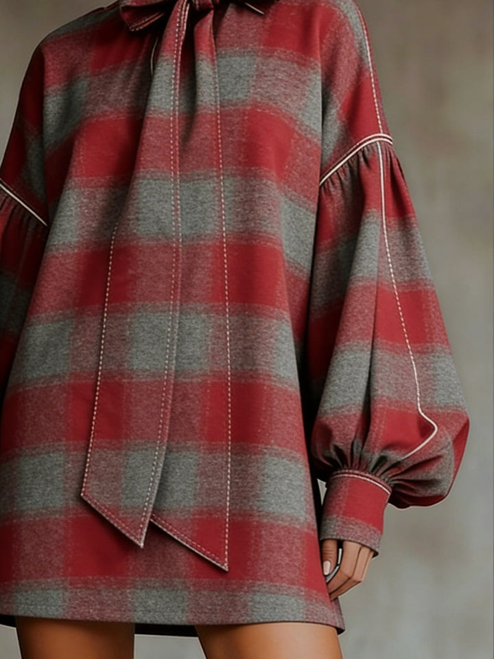 Abito Mini a Maniche Lantern in Plaid Rosso e Grigio