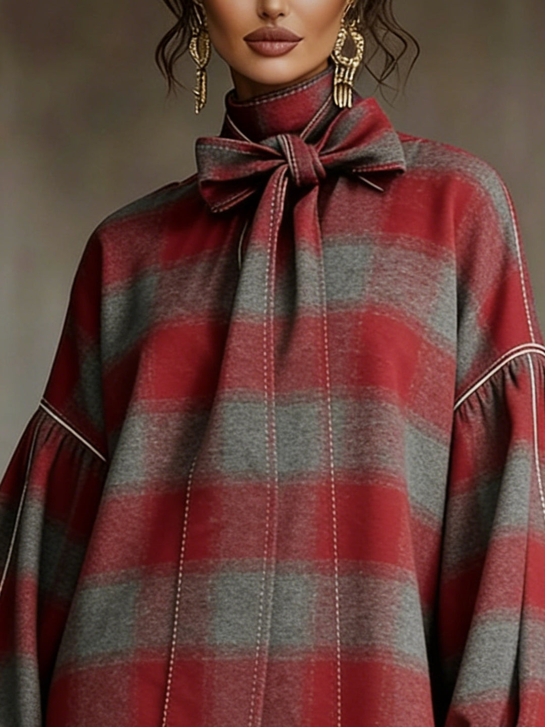 Abito Mini a Maniche Lantern in Plaid Rosso e Grigio