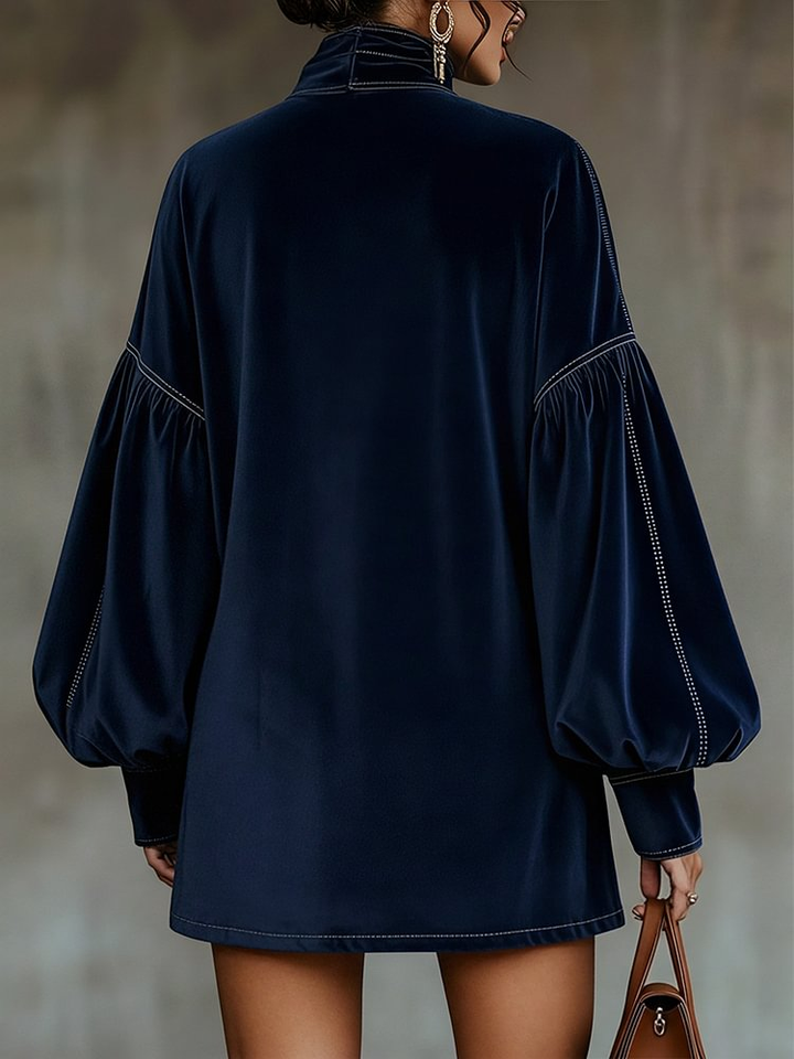 Abito Mini in Velluto Blu Scuro con Maniche a Lanterna