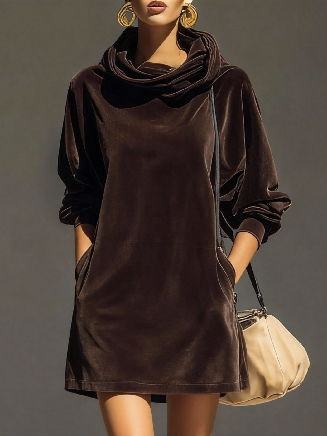 Felpa con cappuccio in velluto marrone vintage, abito mini loose