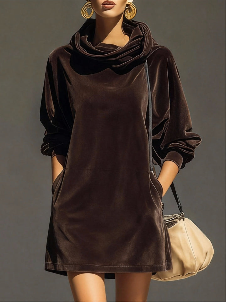 Felpa con cappuccio in velluto marrone vintage, abito mini loose