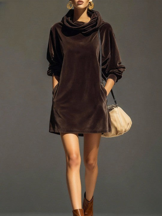 Felpa con cappuccio in velluto marrone vintage, abito mini loose